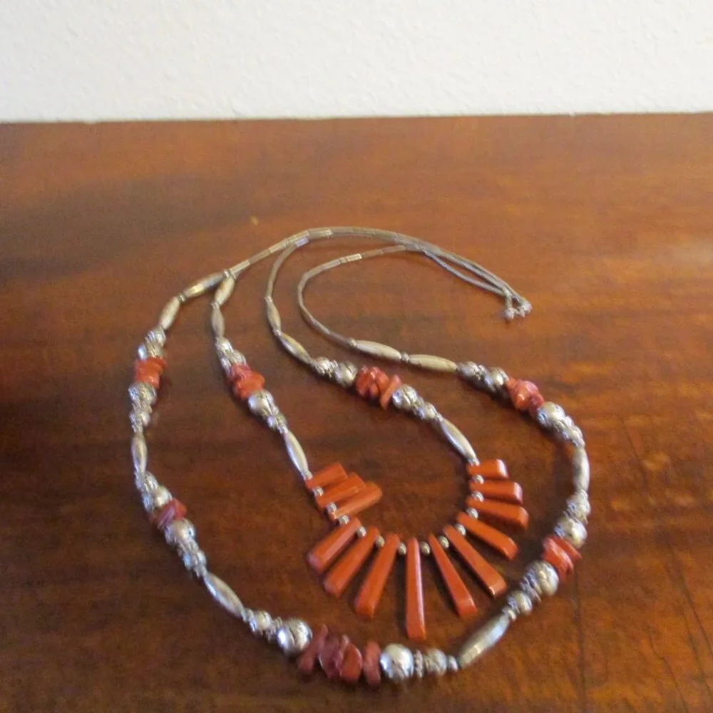COPY - Native American Sterling Silver Beaded Coral Necklace - Picture 3 of 3